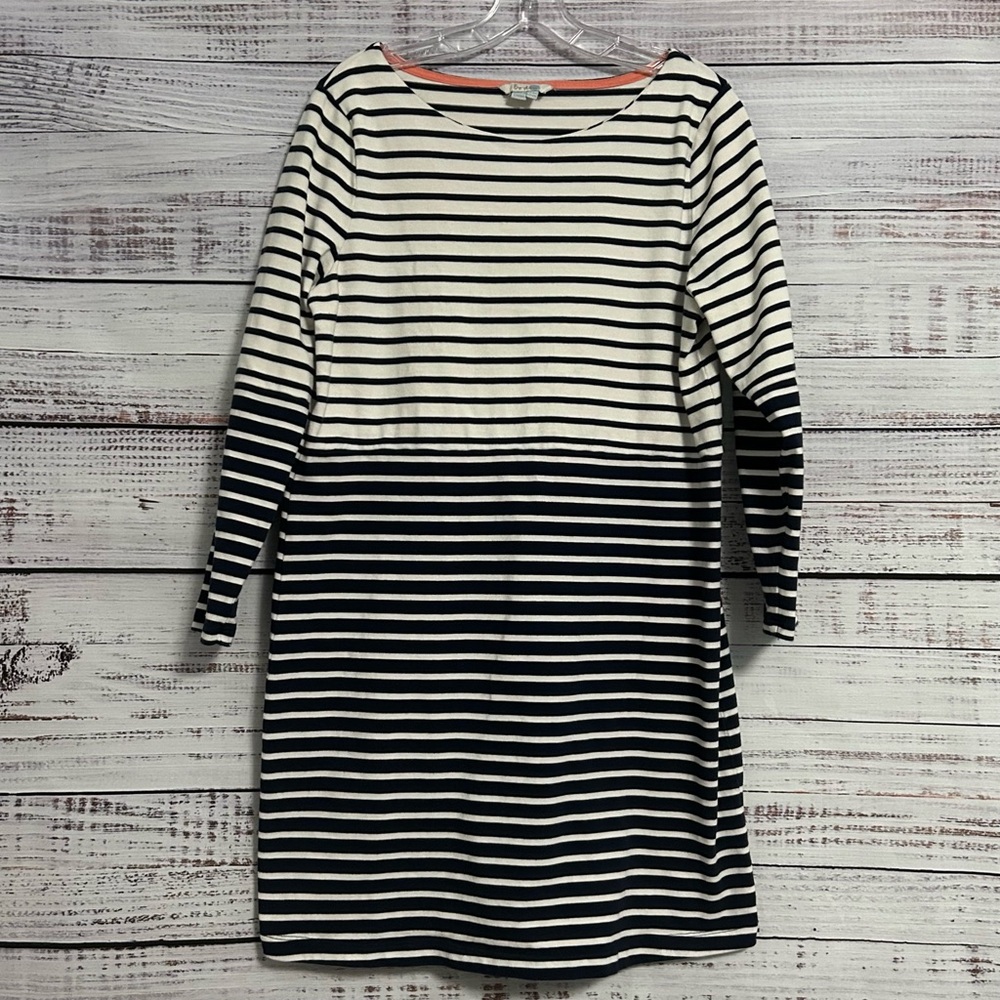 Boden Navy Stripe Mariner Dress Women’s 12 100% Cotton Boat Neck Long Sleeve